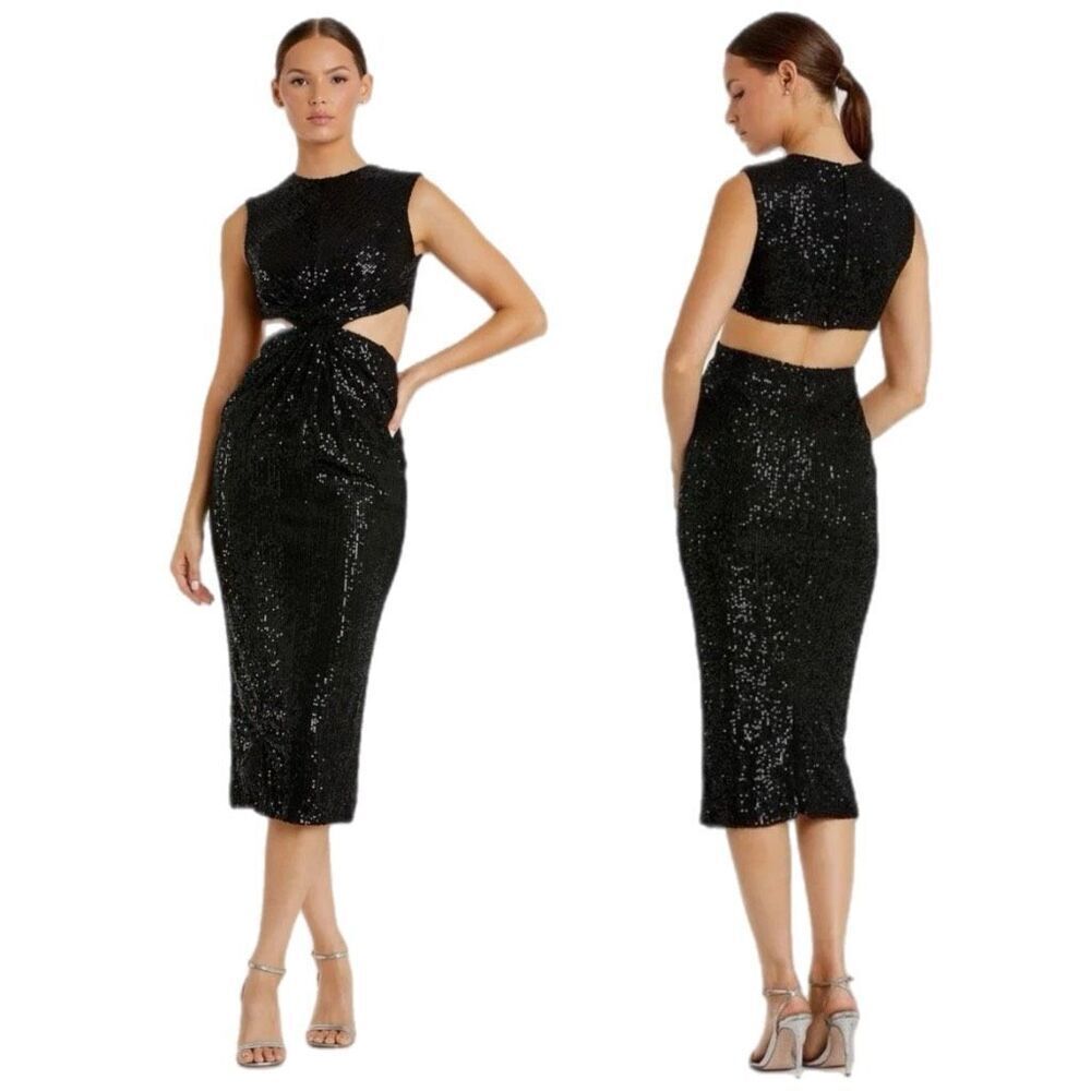 NWT Ieena for Mac Duggal NEW Sleeveless Black Sequin Midi Cutout Dress, style nu